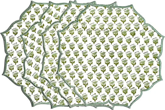 Set of six floral-patterned placemats on a white background