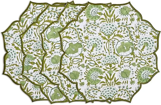 Set of floral patterned placemats with green and white design on a white background